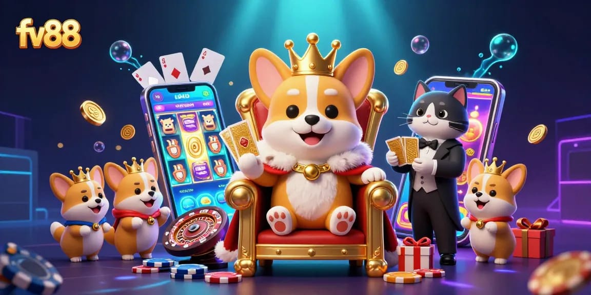 Experience high-energy gambling action with fv88's vibrant casino illustration featuring royal corgi characters.