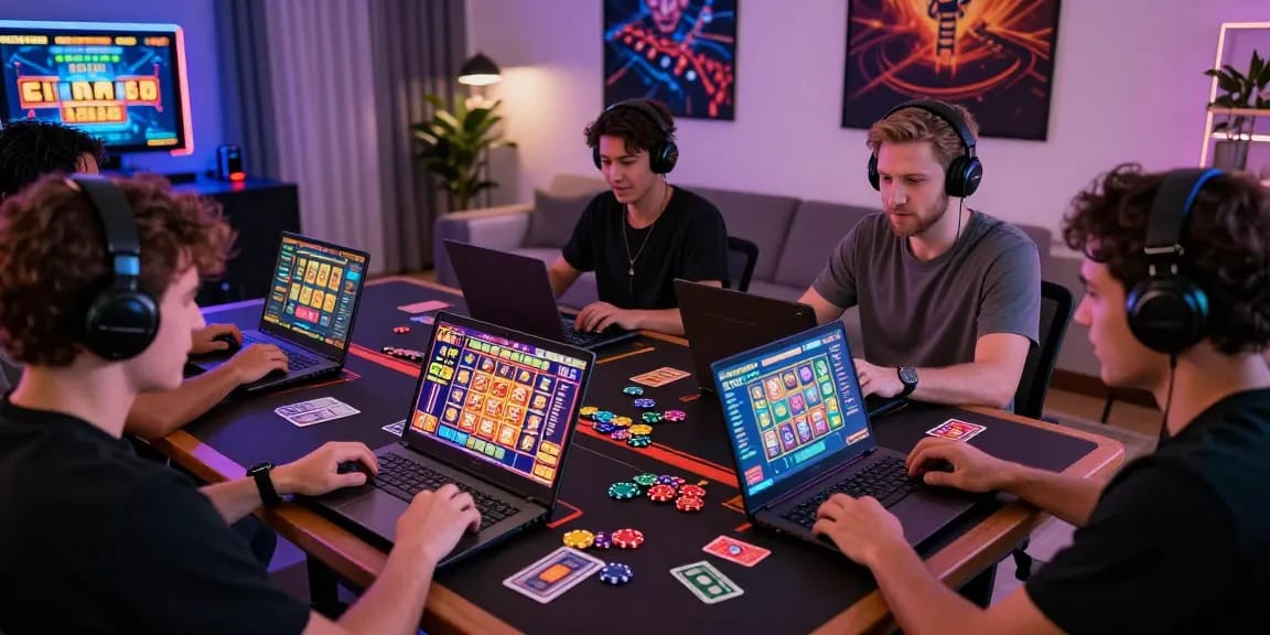 Players enjoying vibrant HWGSLOT gaming experience with laptops and slot machines, showcasing excitement and atmosphere.