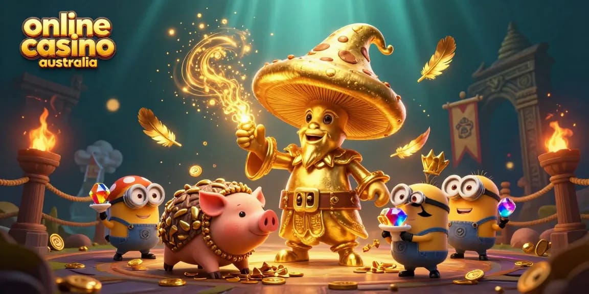 Experience the enchanting world of online casino Australia with this vibrant illustration featuring a wizard and treasures.