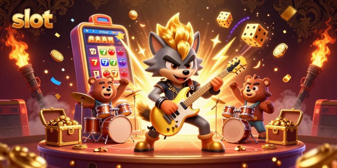 Spin the slot machine with the dynamic rock star wolf and bear drummer celebrating jackpot wins at a vibrant casino stage.