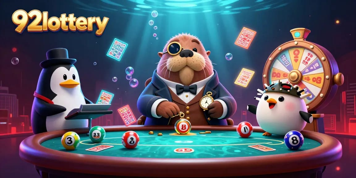 Engage in exciting lottery games with 92lottery as the walrus plays with a penguin dealer and a bluffing pufferfish.