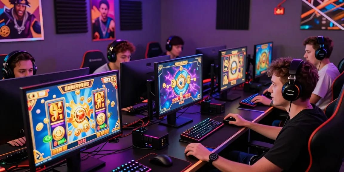 Engaged players enjoying exciting slot online gaming experience with dynamic visuals and modern setups.
