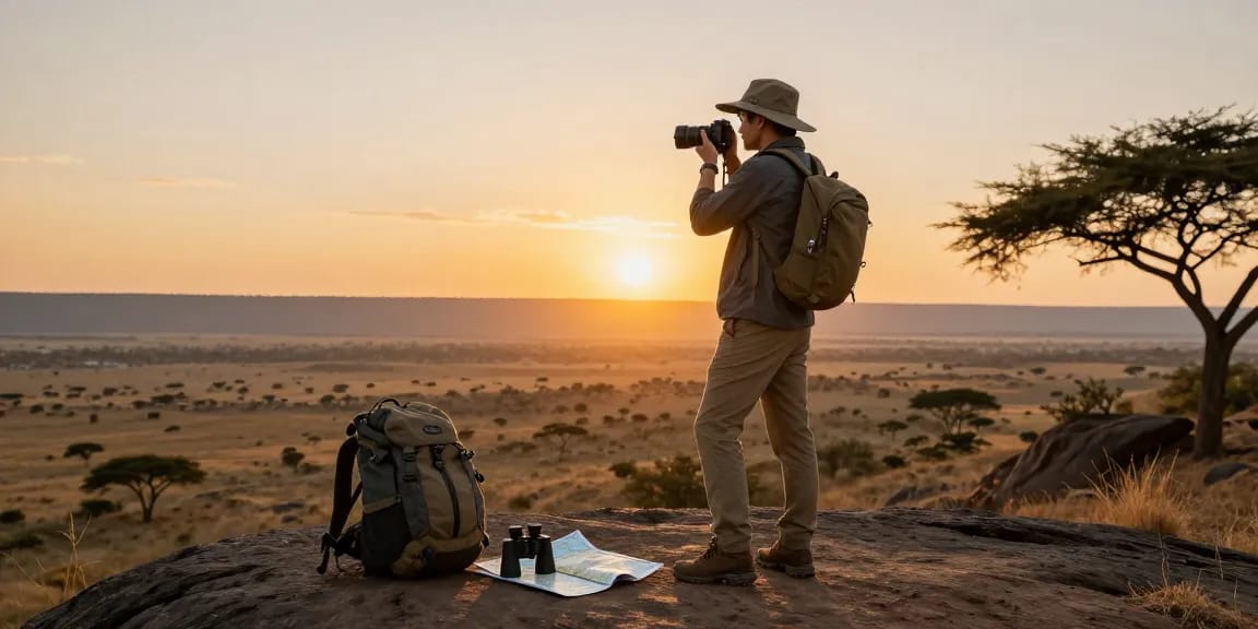 NAGA2000 adventurer at Kidepo Valley, capturing sunset in scenic savanna.