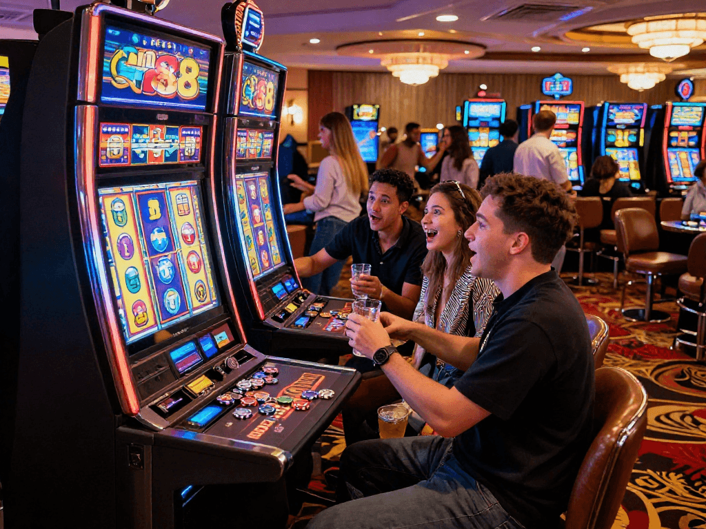 Excited group enjoying slot88 gaming experience in vibrant casino setting.