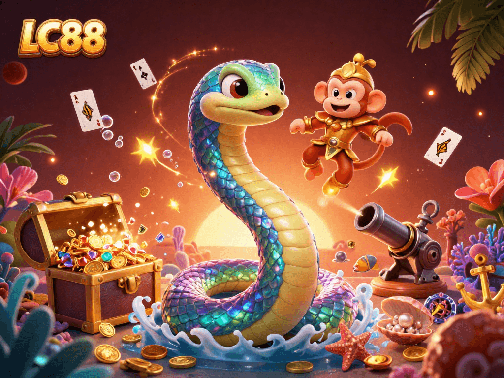 LC88 offers an exciting gaming adventure with colorful characters and vibrant casino elements.