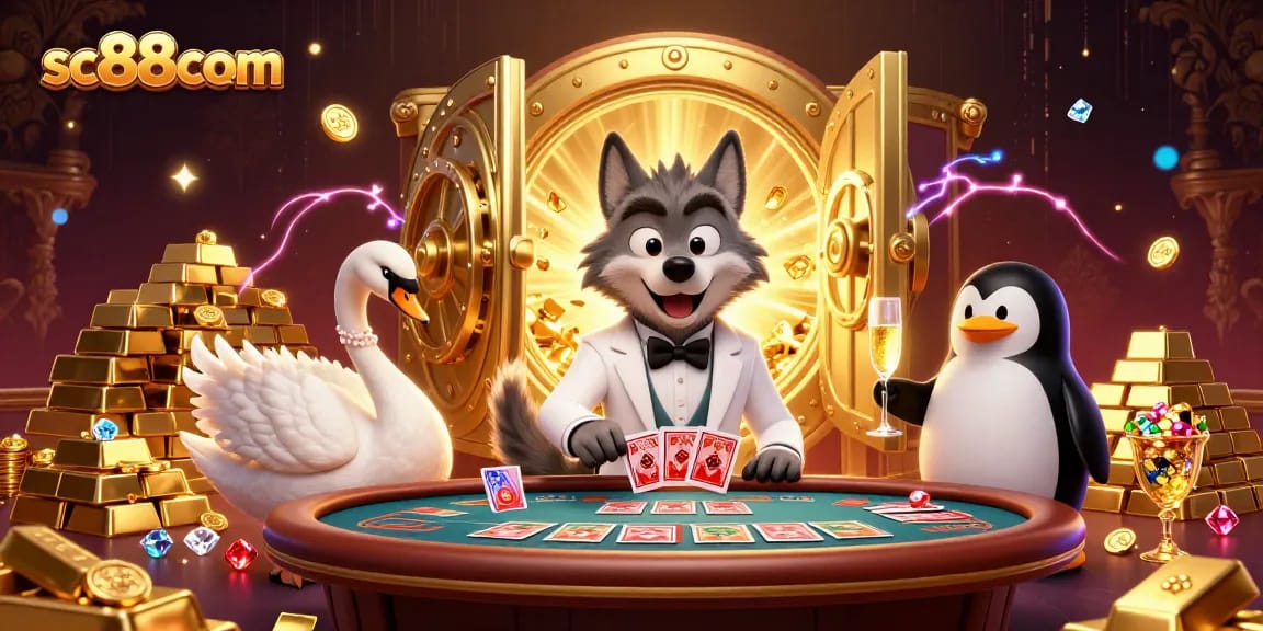 Experience excitement at sc88com with a chic wolf, elegant swan, and classy penguin at a baccarat table.