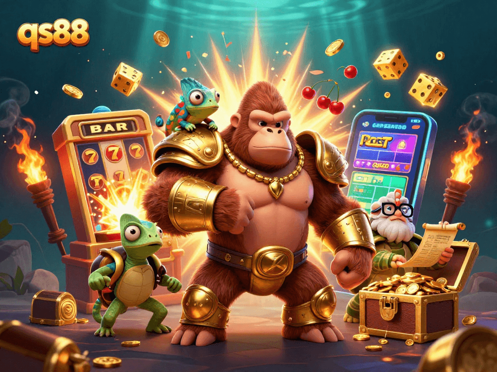 Experience the thrill of qs88 with a colorful illustration of a gorilla king and casino elements.