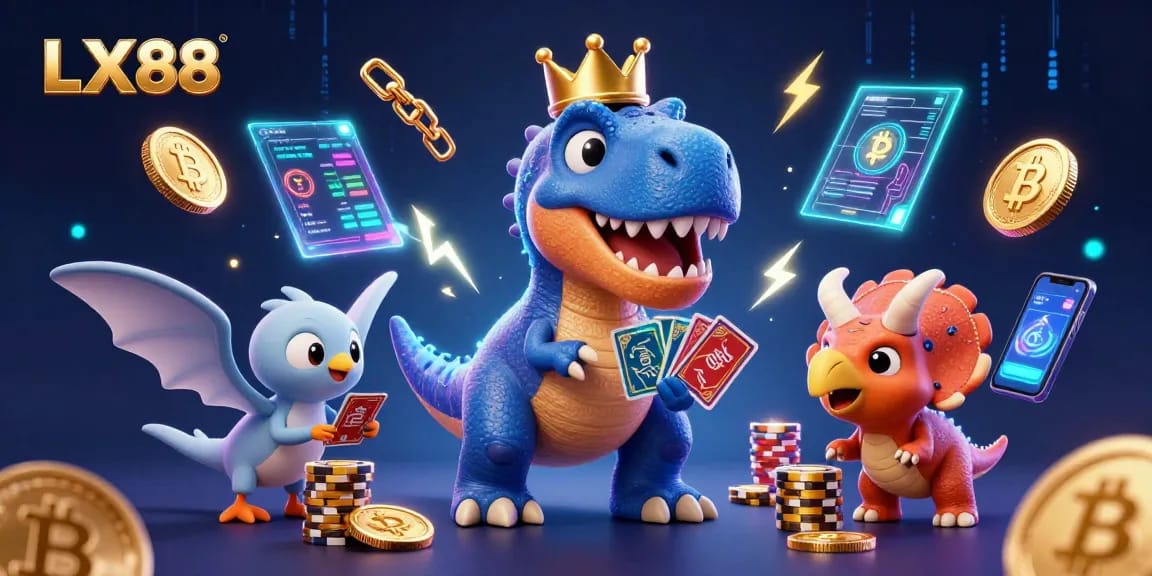 Engage in thrilling gaming at LX88 with giant T-Rex shuffling cards and vibrant crypto elements.