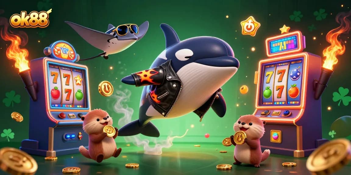 Experience the thrill of ok88 as cartoon sea creatures engage with vibrant slot machines and glowing casino elements.