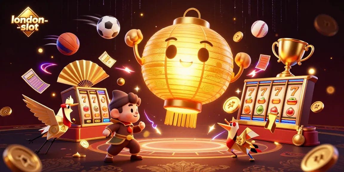Experience thrilling games at london-slot with a dynamic 3D casino illustration filled with vibrant characters and symbols.
