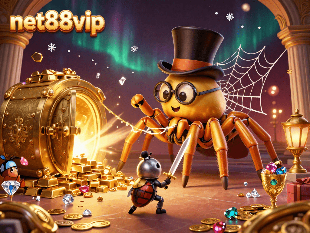 Engage in the vibrant world of net88vip with a golden tarantula, knight, and mesmerizing casino treasures.