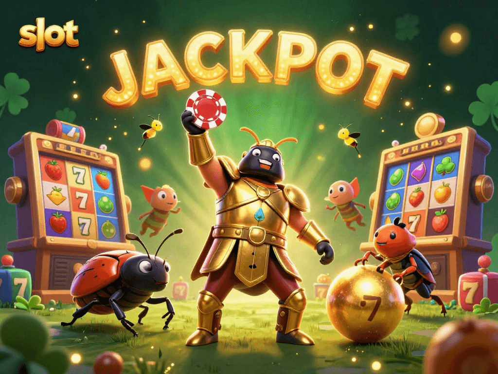 Experience thrilling slot action with a beetle victory scene showcasing jackpot symbols and colorful reels.