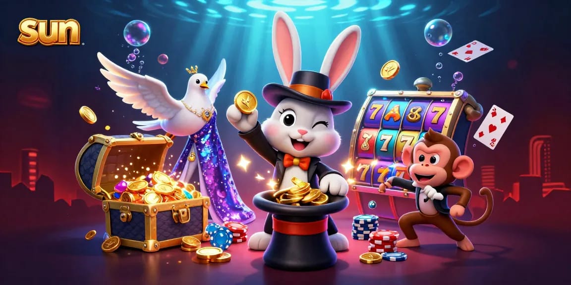 Engaging scene showcasing a magician rabbit, glamorous dove, and playful monkey amidst a vibrant casino atmosphere highlighting sun-themed gaming elements.