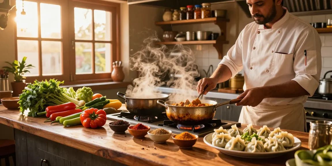 Discover rokok88 daftar with vibrant kitchen cooking authentic Indian curry and Nepalese momo, showcasing culinary art.