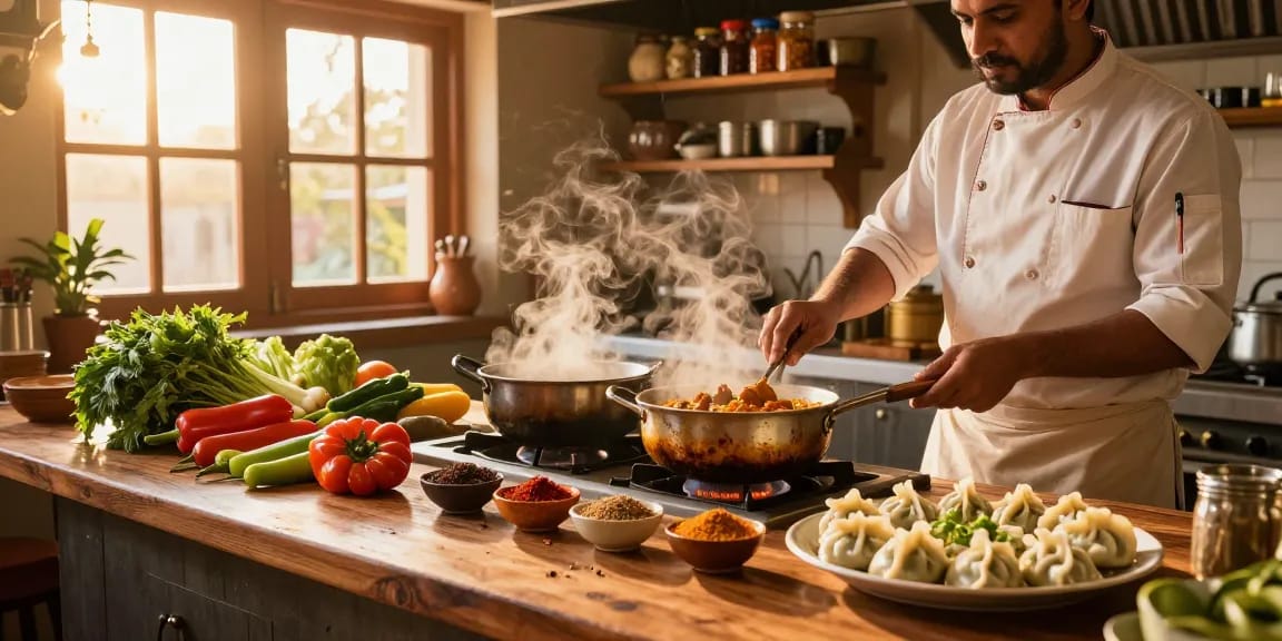 Discover rokok88 daftar with vibrant kitchen cooking authentic Indian curry and Nepalese momo, showcasing culinary art.