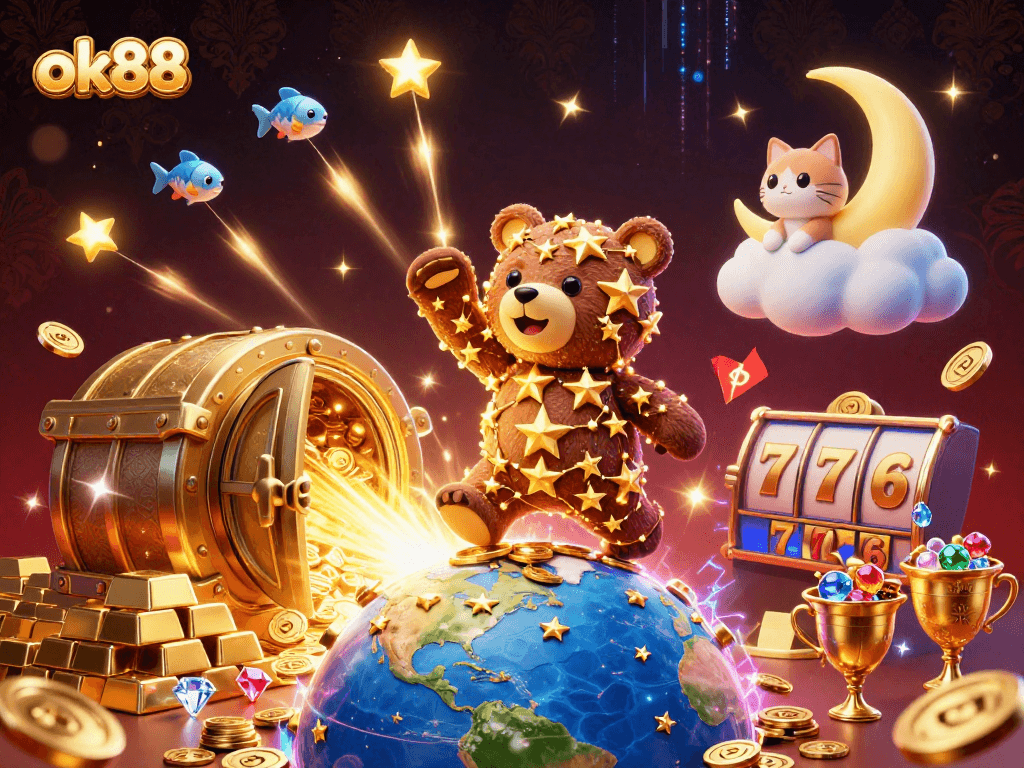 ok88 features a cosmic scene with a constellation bear and gold coins, celebrating online slots.