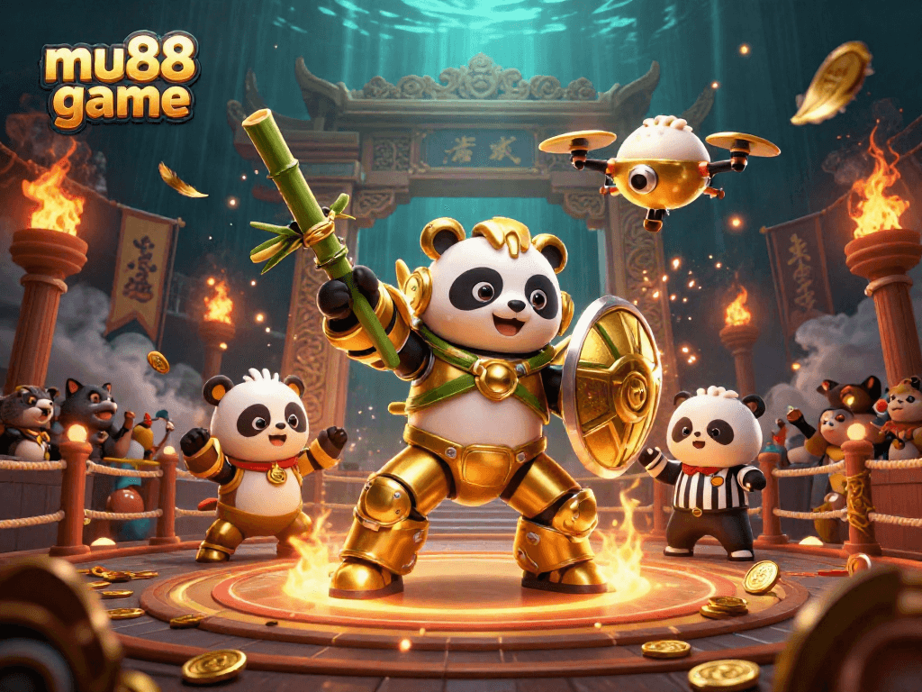 Engage with the mu88 game experience featuring a mech-suit panda in an energetic casino arena.