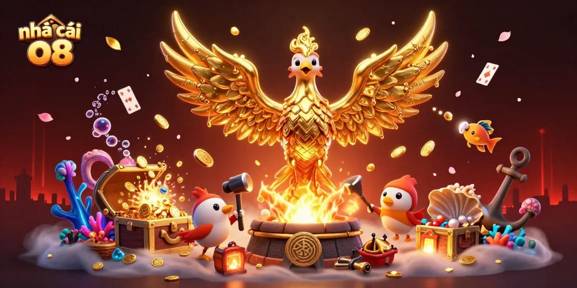 Experience the thrill at nhà cái o8 with gold coins and treasures in a dynamic casino scene.