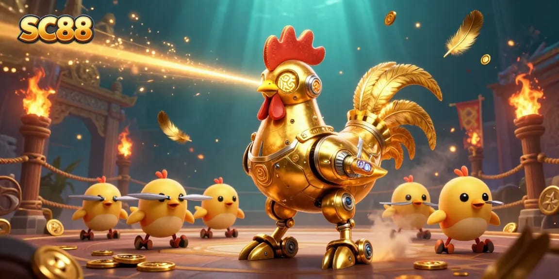 Engage in thrilling betting at SC88, featuring a vibrant 3D golden rooster robot with flying baby chick drones.
