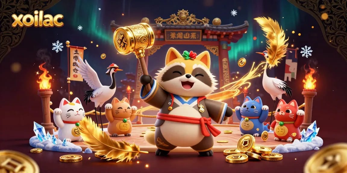 Xoilac showcases a lively casino atmosphere with cheerful characters and vibrant game elements.