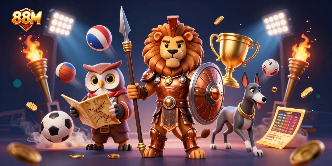 Bet on sports excitement with 88M in a vibrant, dynamic casino illustration filled with action.