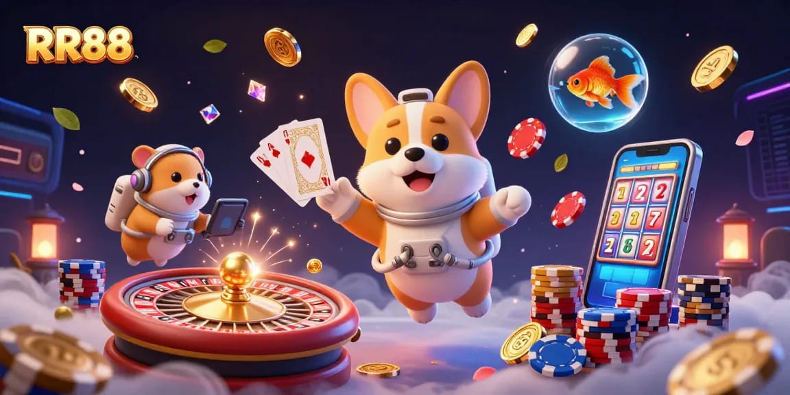 Experience thrilling games at RR88, where a corgi navigates a vibrant casino in space.