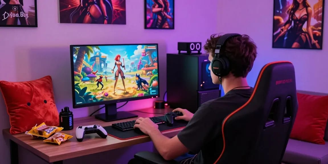 Player enjoying immersive porn games in a vibrant gaming setup.