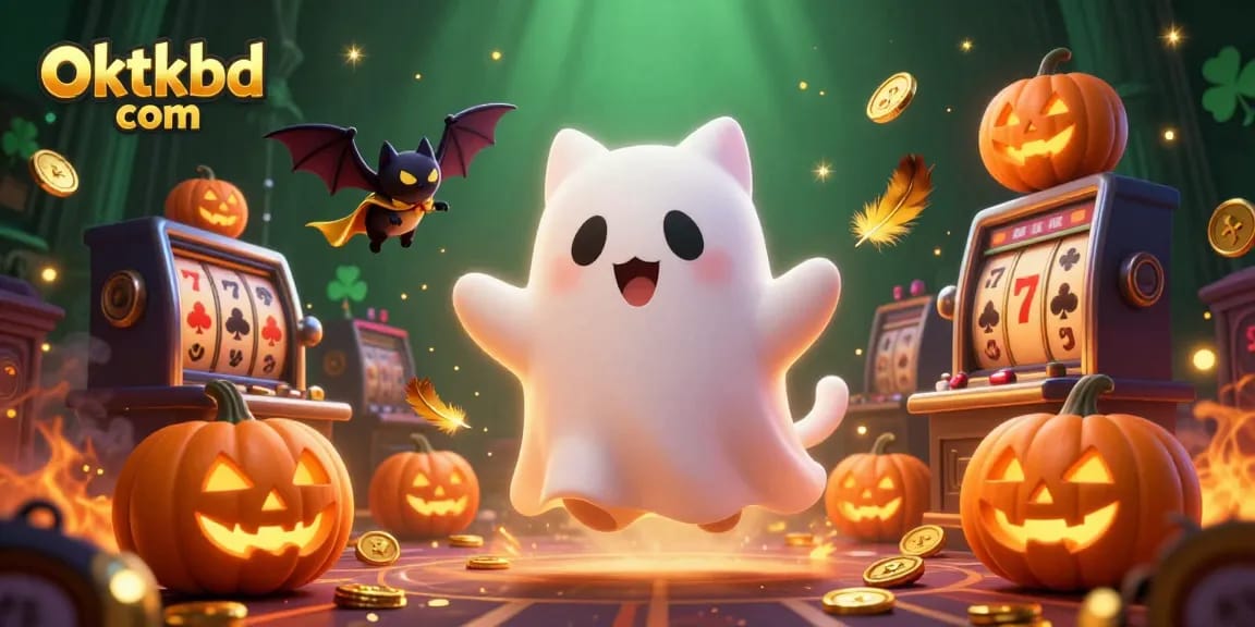 Spin the reels with the enchanting ghost cat at oktkbd com's haunted casino, filled with glowing jack-o-lanterns!
