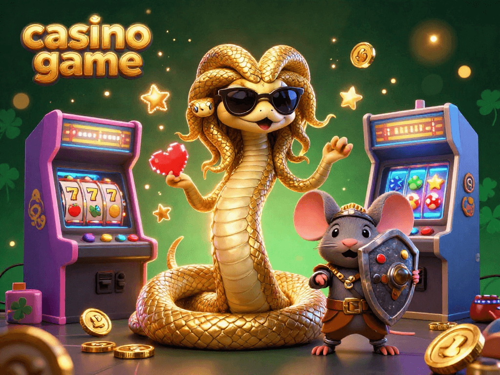 Engage with a vibrant casino game scene featuring Medusa, a warrior mouse, and arcade elements.
