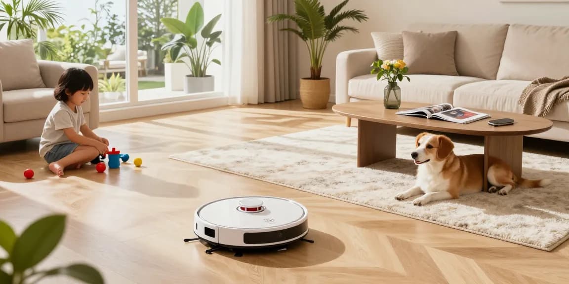 Robot vacuum 2026 navigating a modern living room filled with sunlight and cozy furnishings.