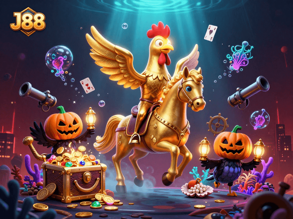 Engage in thrilling J88 casino adventures with a dynamic scene of a golden rooster riding a spectral horse, surrounded by treasures.