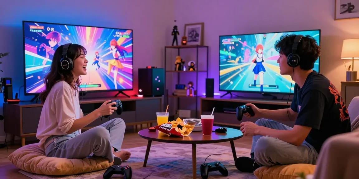 Couple enjoying a hentai game together in a cozy living room with snacks and gaming controllers.