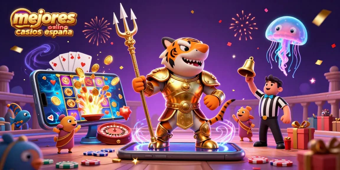 Ilustra los mejores casinos online en España con una escena festiva de juego y premios increíbles.