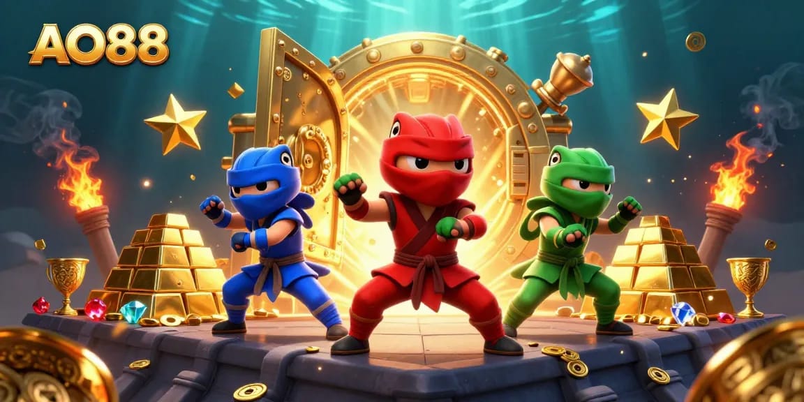 Exciting AO88 gaming scene with ninja chameleons celebrating big wins amidst golden treasures.