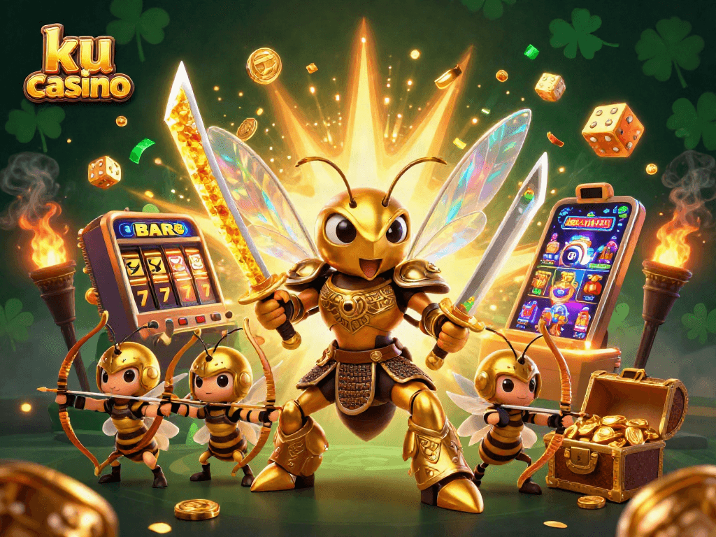 Engage with ku casino as the hornet in samurai armor battles for a jackpot amidst a thrilling casino scene.