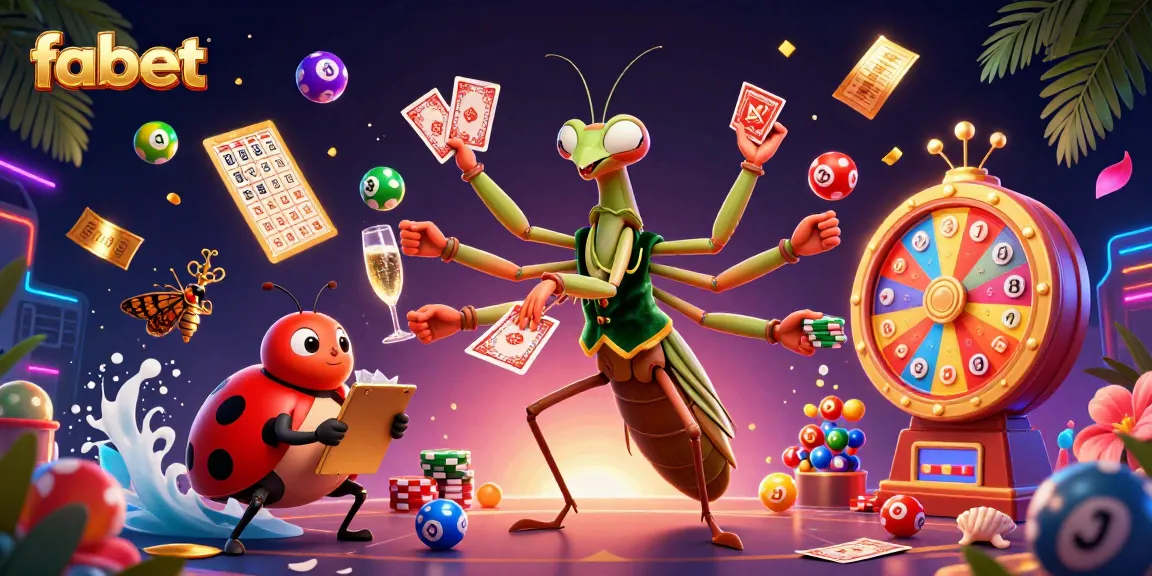 Experience the excitement of fabet casino with a vibrant 3D illustration of a giant praying mantis dealing cards and more.