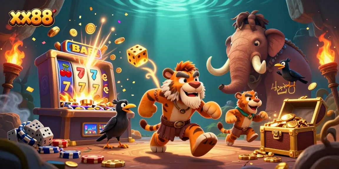 Experience the excitement of xx88 online gambling in a vibrant prehistoric casino scene.