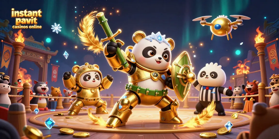 Experience the excitement of instant payout casinos online with an epic mech-suit panda battle illustration featuring vibrant casino elements.