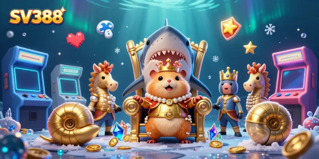 Experience exciting SV388 cockfighting with a vivid casino-themed underwater scene featuring a fierce golden hamster king.