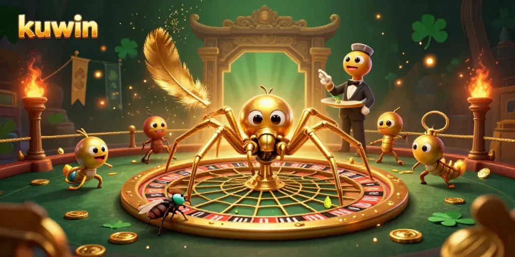 Experience the excitement of kuwin as a golden spider spins a roulette wheel web in a dynamic casino scene.