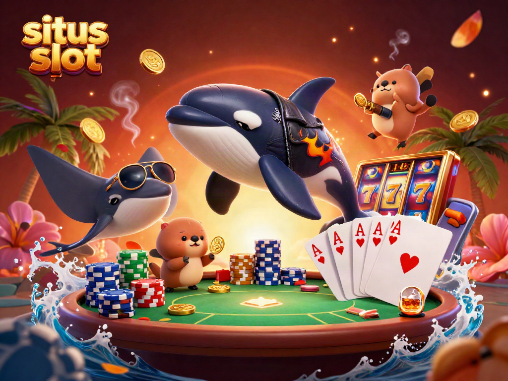 Experience the thrill of situs slot with a vibrant, cartoon-style casino scene featuring an orca and sea otters, surrounded by game elements.