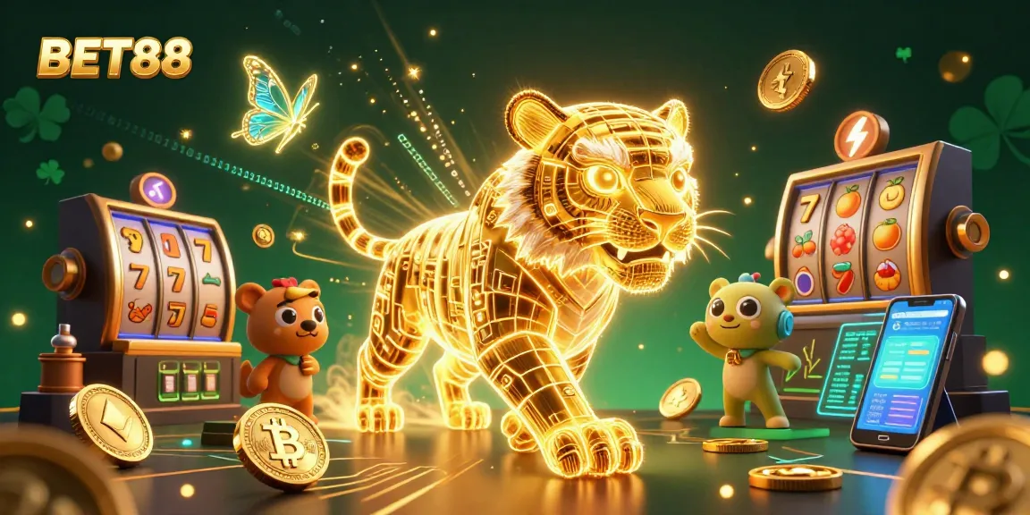 Experience vibrant gameplay at BET88 with immersive golden tiger, slot reels, and crypto coins.