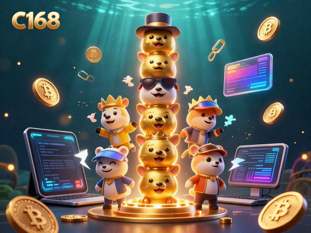 C168 players enjoy a vibrant 3D casino environment, featuring a golden totem pole and cryptocurrency elements.