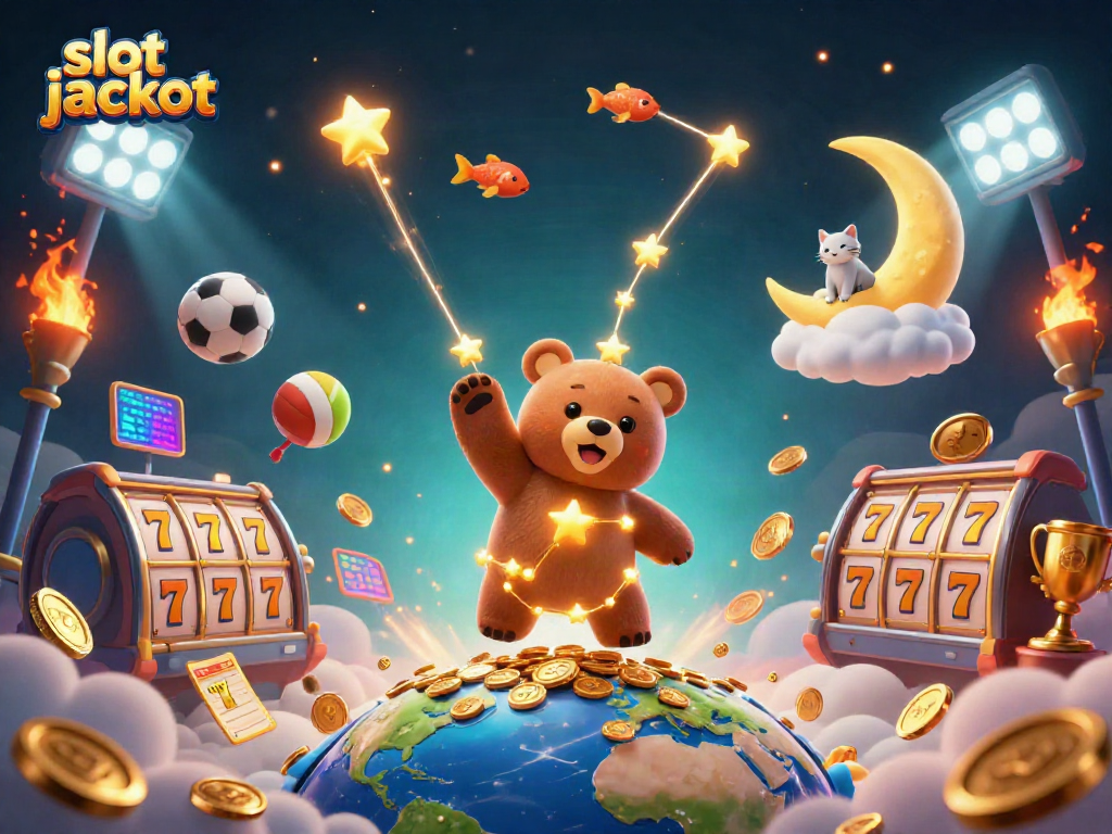 Experience the thrill of slot jackpot wins with a magical 3D scene of golden stars and sports elements.