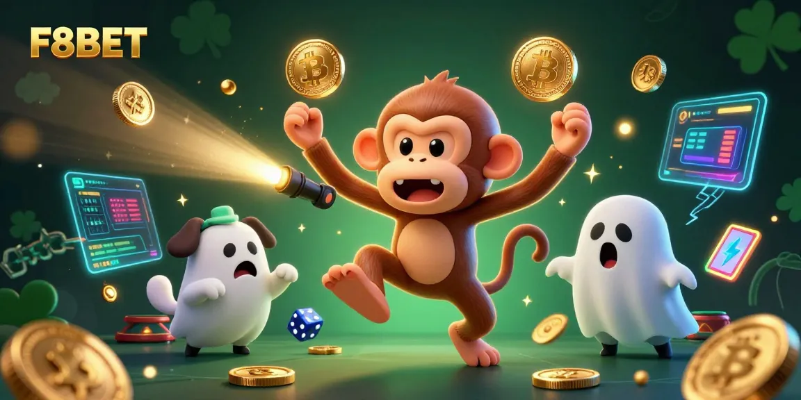 Experience the thrill of F8BET with a lively casino scene featuring a mischievous monkey and ghost-hunter puppy in action.