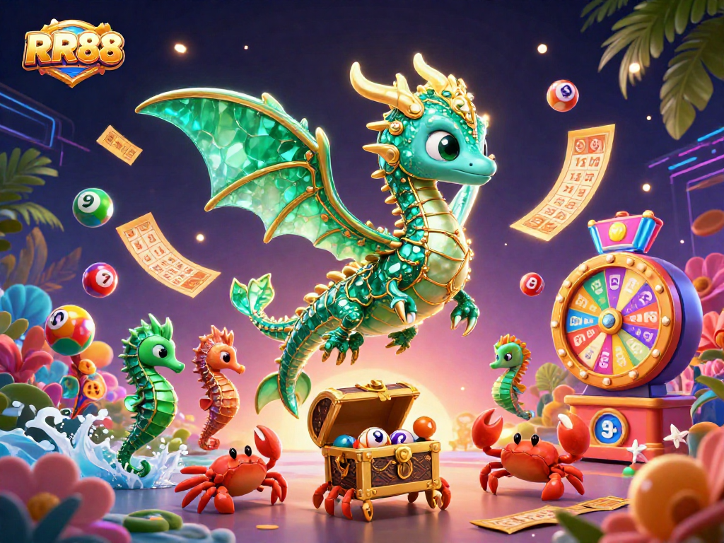 Engage with thrilling RR88 lottery and casino games depicted in a vibrant, 3D fantasy illustration.
