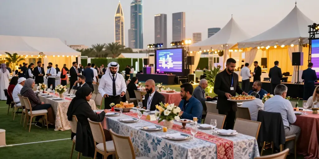 Event rentals at a lively outdoor festival in Riyadh with elegant tents and vibrant decorations.
