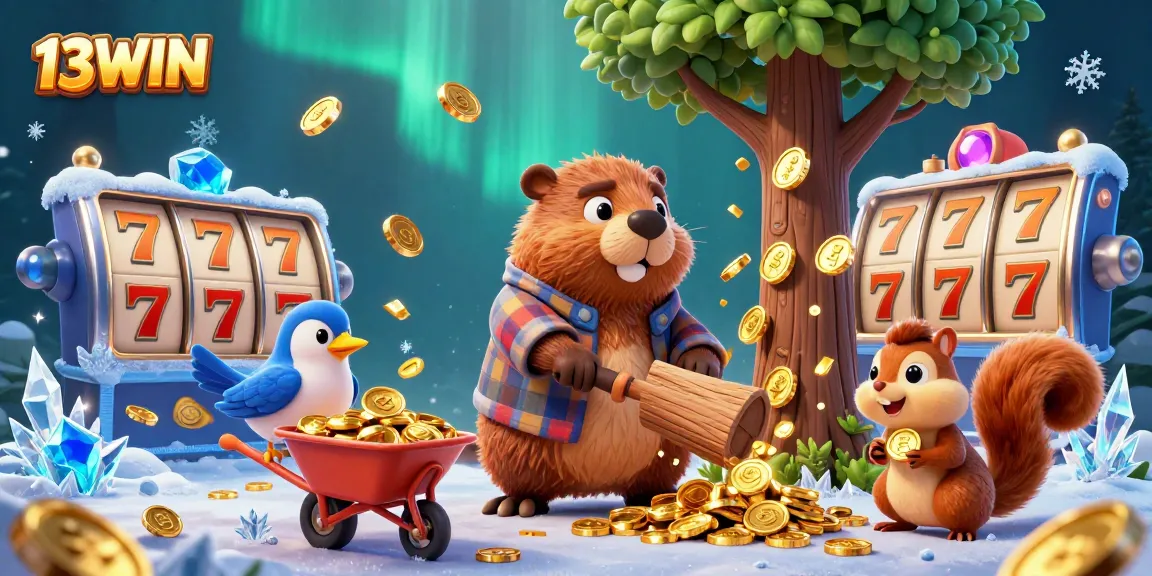 Experience winning excitement at 13WIN with vibrant visuals of gold coins and cartoon characters.