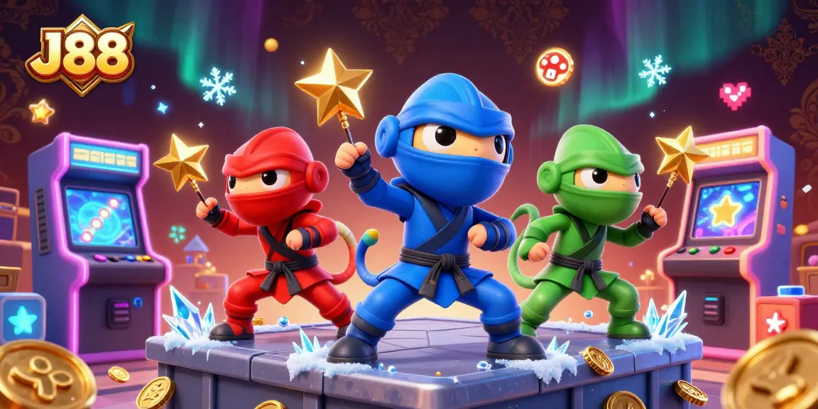 Join the action at J88 with our ninja chameleon team in an exciting casino scene of synchronized gaming adventures.
