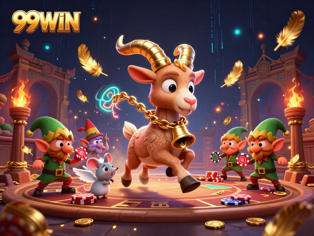 Experience thrilling gameplay at 99WIN with festive characters in a vibrant casino scene.